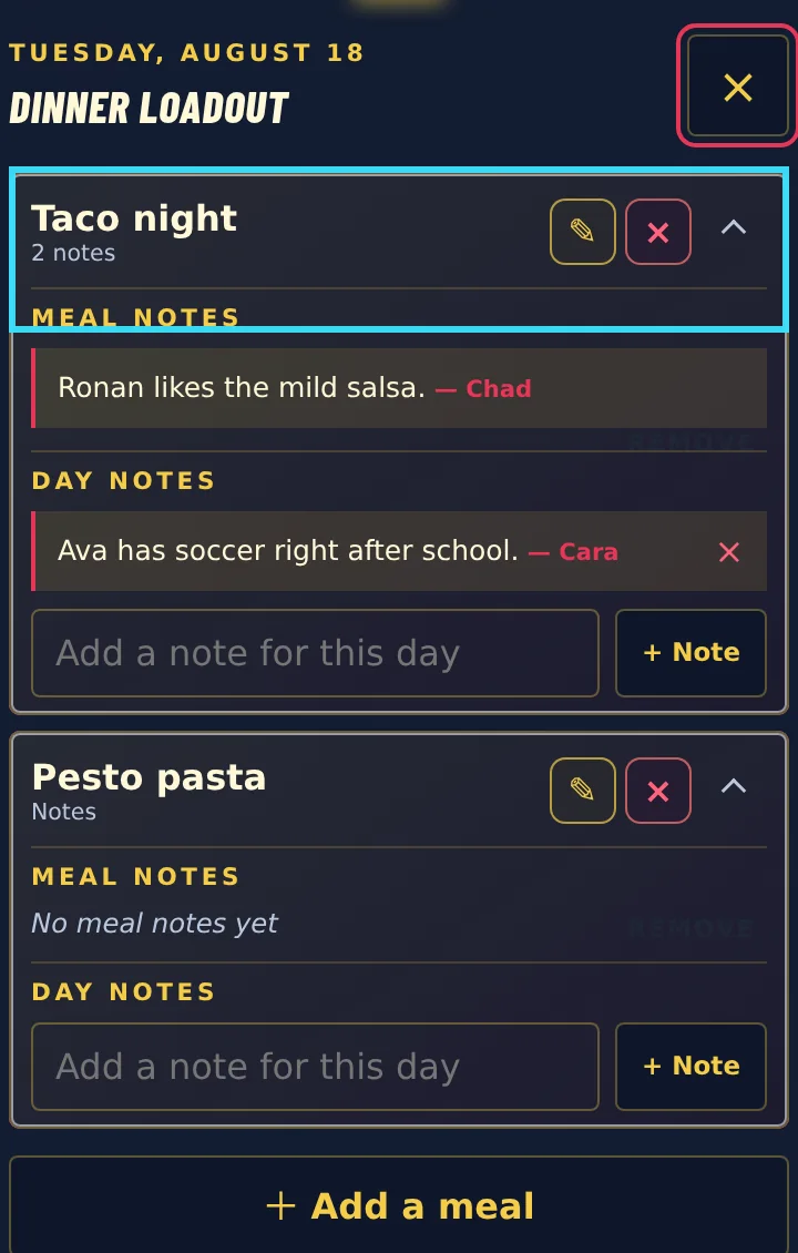 A cropped populated day sheet showing planned meal rows, their action icons, and the Add a meal control.