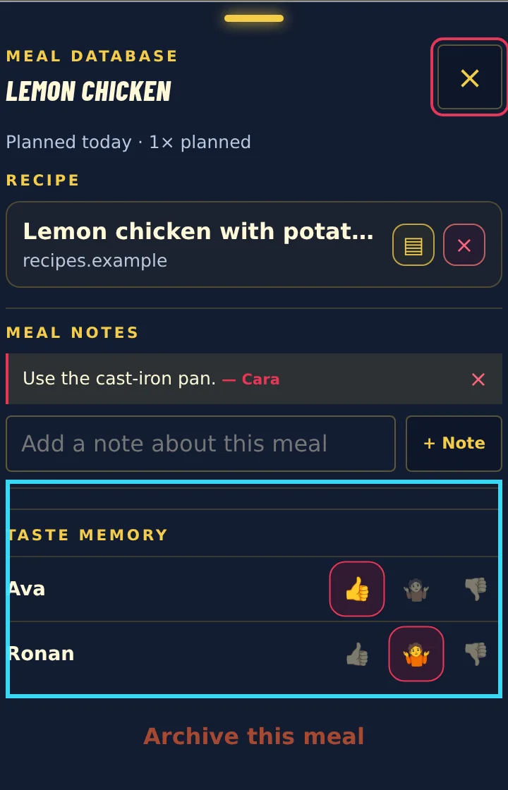 A cropped meal editor with reusable meal notes, a recipe attachment, and three taste-memory choices for each household member.