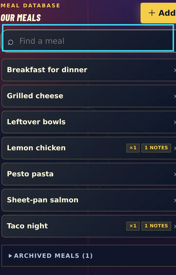 A cropped Meals library view with the search field, meal rows, and an archived meals section.