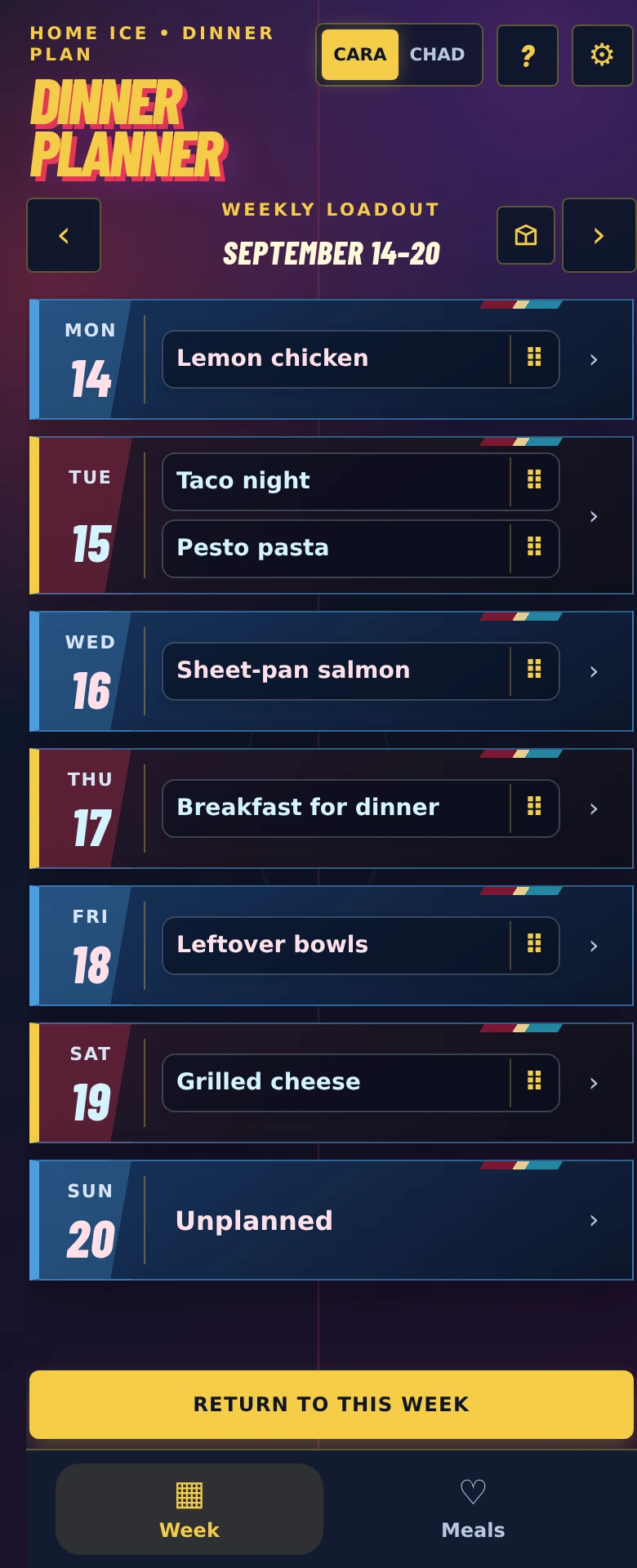 A populated Dinner Planner week with individual meal chips and drag handles on current and future days.